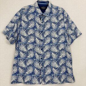 Nat Nast Blue White Leaf Print‎ Silk Cotton Blend Short Sleeve Button Down Large